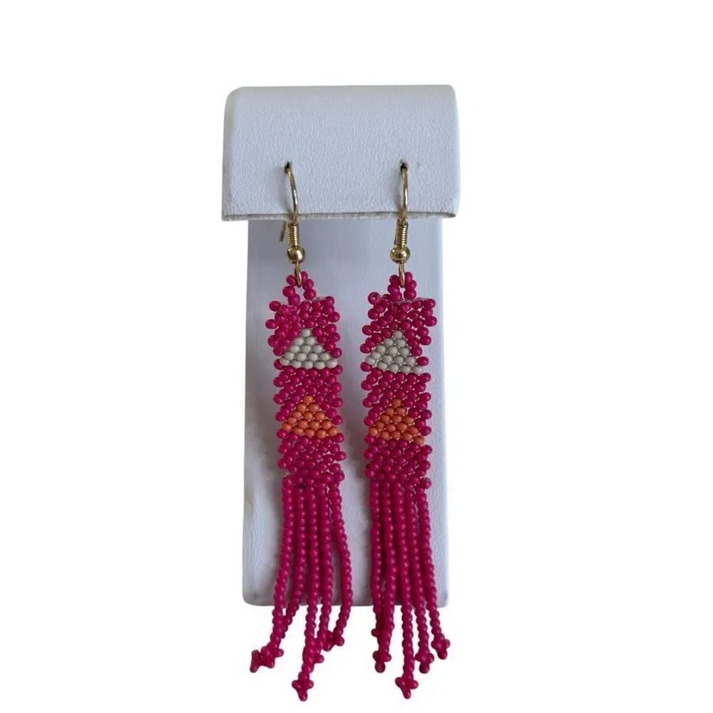 INK+ALLOY Seed Bead Fringe Earrings W/ Striking Geometric Design.
